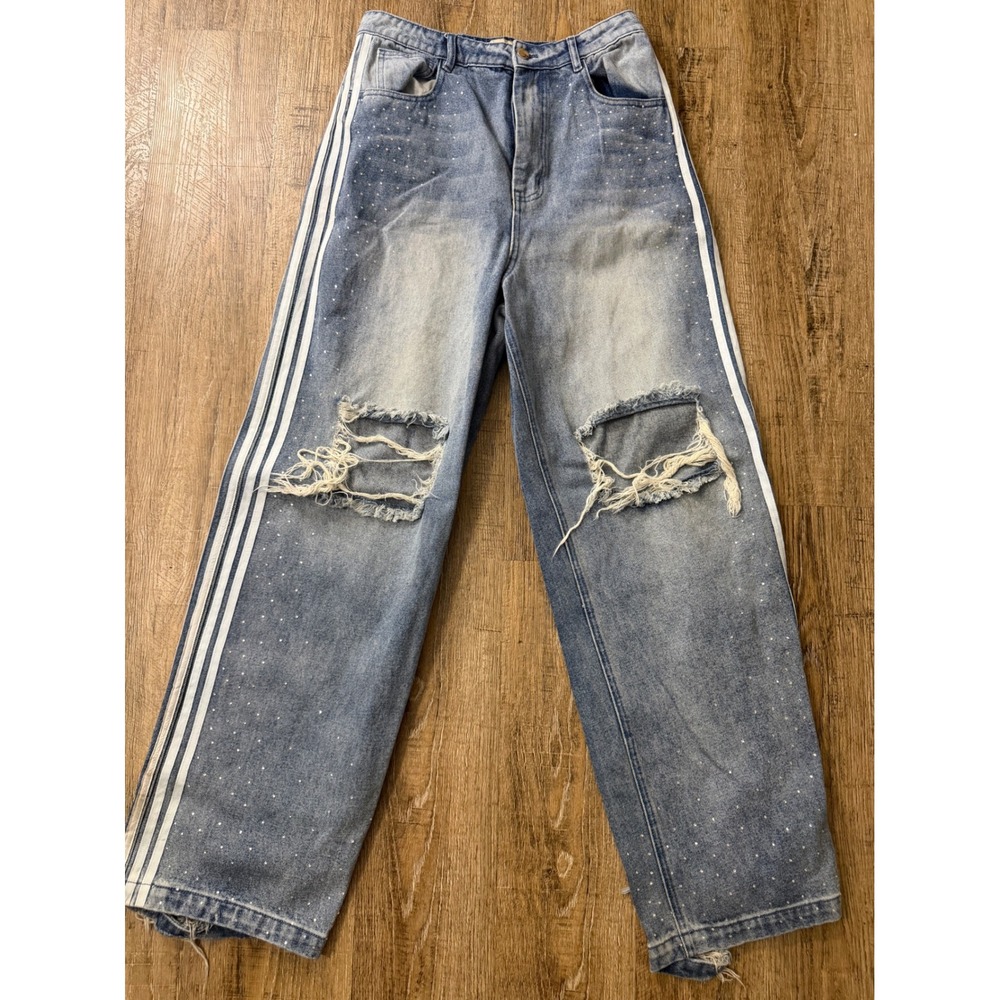 Timeless VVS Denim Rhinestone Distressed Wide Leg Jeans Light Wash Blue 28